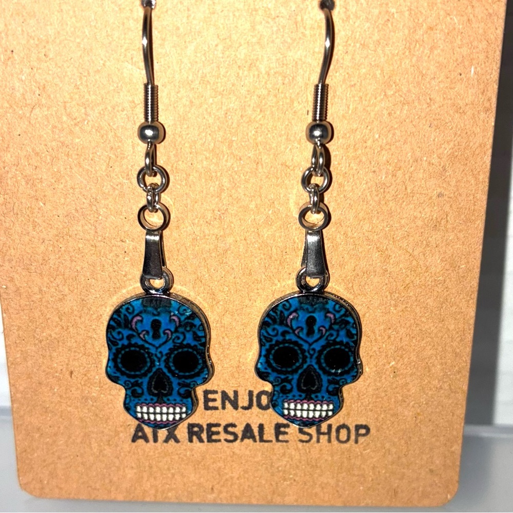 Blue Skull Dangle Earrings